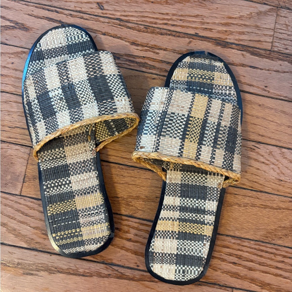 Woven Check Slide Sandals in Black & Natural